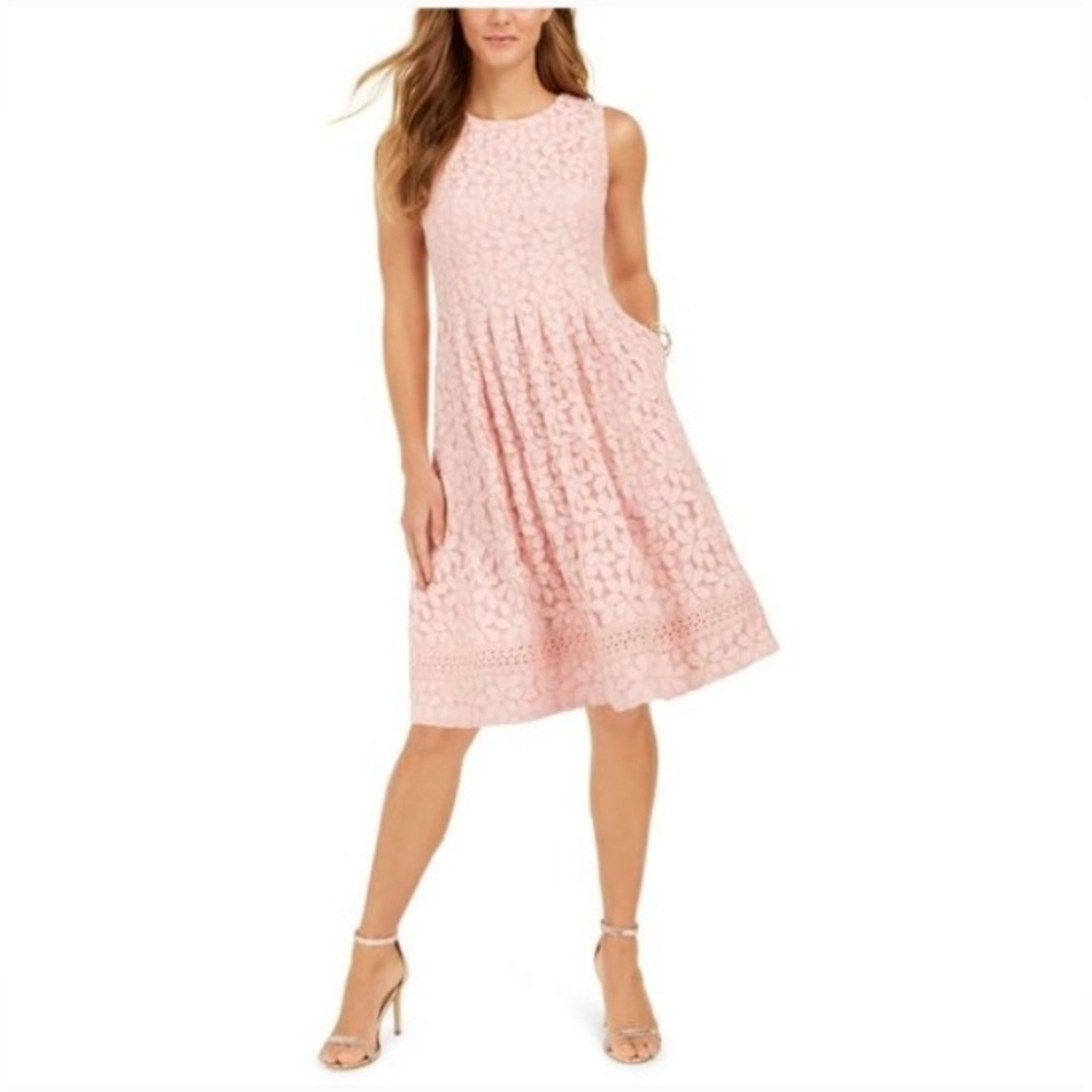 Jessica Howard 8P Blush Pink Floral Lace Dress Sleeveless Lined Pocket Fit Flare